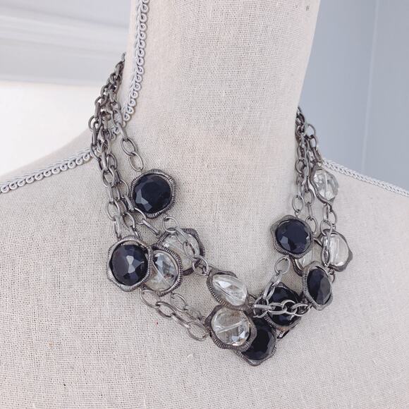 VTG Y2K Statement Bib Choker Necklace Black and Clear Glass Stones 17", EUC - Picture 2 of 6